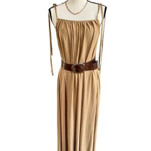 Women’s 100% Silk Maxi Dress Large Tan Gold Sheer Flowy Spaghetti Strap Women’s